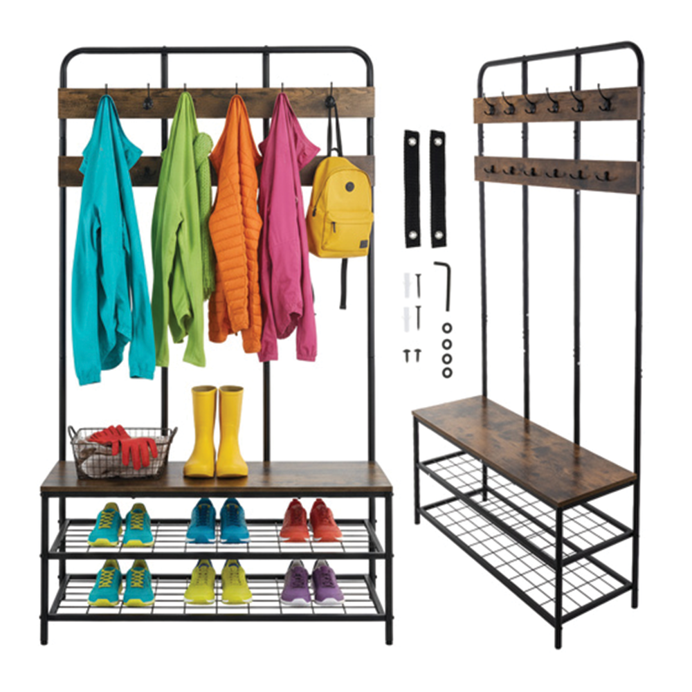 Předsíňový věšák s lavicí a policemi na boty, 182 x 100 x35,5 cm, černý