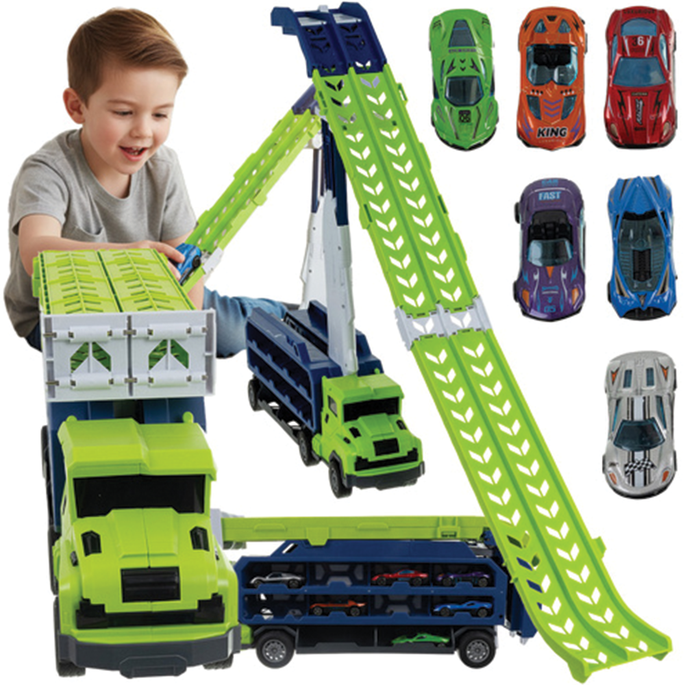 Nákladní vůz s garáží, skluzavkou a sadou 6 kovových autíček