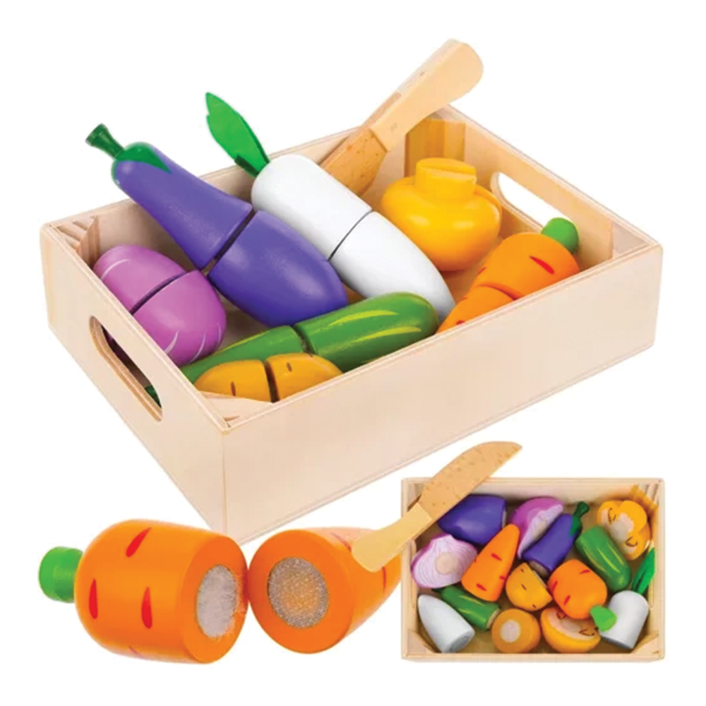 Dřevěná zelenina a ovoce v přepravce 9 ks