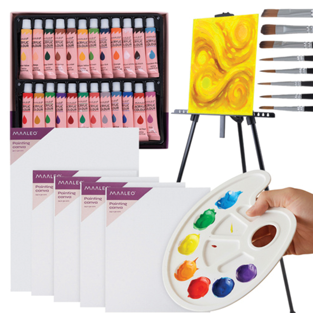 Umělecká sada na malování XXL - akrylové barvy, plátna, štětce a hliníkový stojan