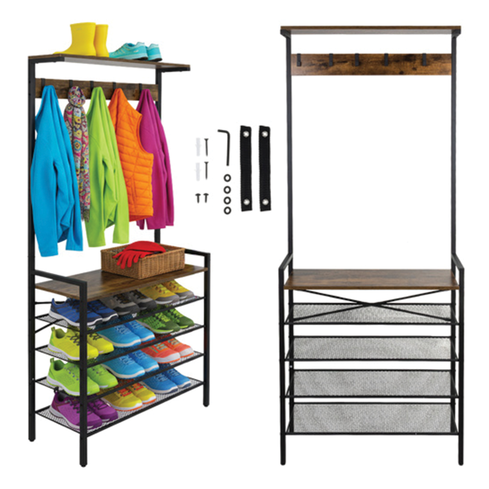 Stojanová police s věšákem - kovový loftový organizér do chodby se 4 policemi a háčky